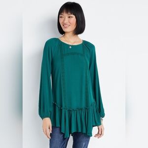 Womens Teal Long-Sleeve Ruffle Hem Top